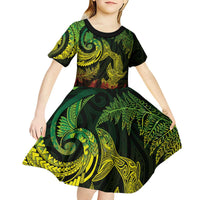 New Zealand Sea Animals with Maori Tribal Tattoo Kid Short Sleeve Dress Shark Manta Ray with Silver Fern Reggae