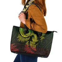 New Zealand Sea Animals with Maori Tribal Tattoo Leather Tote Bag Shark Manta Ray with Silver Fern Reggae