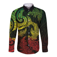 New Zealand Sea Animals with Maori Tribal Tattoo Long Sleeve Button Shirt Shark Manta Ray with Silver Fern Reggae