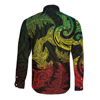 New Zealand Sea Animals with Maori Tribal Tattoo Long Sleeve Button Shirt Shark Manta Ray with Silver Fern Reggae