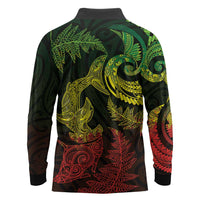 New Zealand Sea Animals with Maori Tribal Tattoo Long Sleeve Polo Shirt Shark Manta Ray with Silver Fern Reggae
