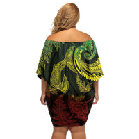 New Zealand Sea Animals with Maori Tribal Tattoo Off Shoulder Short Dress Shark Manta Ray with Silver Fern Reggae