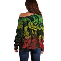 New Zealand Sea Animals with Maori Tribal Tattoo Off Shoulder Sweater Shark Manta Ray with Silver Fern Reggae