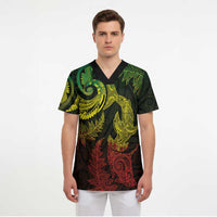 New Zealand Sea Animals with Maori Tribal Tattoo Scrub Top Shark Manta Ray with Silver Fern Reggae