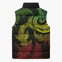 New Zealand Sea Animals with Maori Tribal Tattoo Sleeveless Puffer Jacket Shark Manta Ray with Silver Fern Reggae