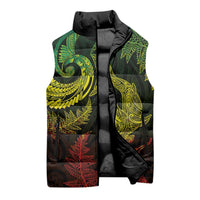 New Zealand Sea Animals with Maori Tribal Tattoo Sleeveless Puffer Jacket Shark Manta Ray with Silver Fern Reggae