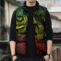 New Zealand Sea Animals with Maori Tribal Tattoo Sleeveless Puffer Jacket Shark Manta Ray with Silver Fern Reggae