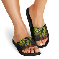 New Zealand Sea Animals with Maori Tribal Tattoo Slide Sandals Shark Manta Ray with Silver Fern Reggae