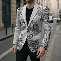 New Zealand Sea Animals with Maori Tribal Tattoo Blazer Shark Manta Ray with Silver Fern White