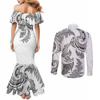New Zealand Sea Animals with Maori Tribal Tattoo Couples Matching Mermaid Dress and Long Sleeve Button Shirt Shark Manta Ray with Silver Fern White