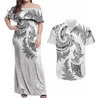 New Zealand Sea Animals with Maori Tribal Tattoo Couples Matching Off Shoulder Maxi Dress and Hawaiian Shirt Shark Manta Ray with Silver Fern White LT03 White - Polynesian Pride