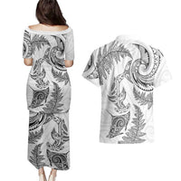 New Zealand Sea Animals with Maori Tribal Tattoo Couples Matching Puletasi and Hawaiian Shirt Shark Manta Ray with Silver Fern White