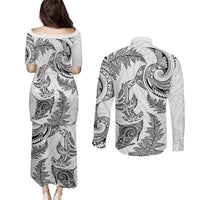 New Zealand Sea Animals with Maori Tribal Tattoo Couples Matching Puletasi and Long Sleeve Button Shirt Shark Manta Ray with Silver Fern White