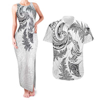 New Zealand Sea Animals with Maori Tribal Tattoo Couples Matching Tank Maxi Dress and Hawaiian Shirt Shark Manta Ray with Silver Fern White
