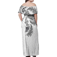 New Zealand Sea Animals with Maori Tribal Tattoo Family Matching Off Shoulder Maxi Dress and Hawaiian Shirt Shark Manta Ray with Silver Fern White