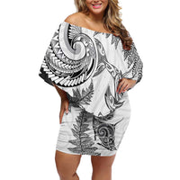 New Zealand Sea Animals with Maori Tribal Tattoo Family Matching Off Shoulder Short Dress and Hawaiian Shirt Shark Manta Ray with Silver Fern White