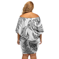 New Zealand Sea Animals with Maori Tribal Tattoo Family Matching Off Shoulder Short Dress and Hawaiian Shirt Shark Manta Ray with Silver Fern White
