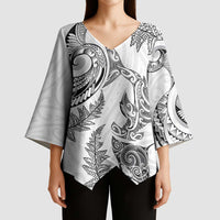 New Zealand Sea Animals with Maori Tribal Tattoo Kimono Sleeve Blouse Shark Manta Ray with Silver Fern White
