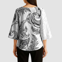 New Zealand Sea Animals with Maori Tribal Tattoo Kimono Sleeve Blouse Shark Manta Ray with Silver Fern White