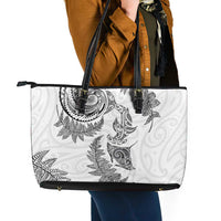 New Zealand Sea Animals with Maori Tribal Tattoo Leather Tote Bag Shark Manta Ray with Silver Fern White