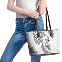 New Zealand Sea Animals with Maori Tribal Tattoo Leather Tote Bag Shark Manta Ray with Silver Fern White