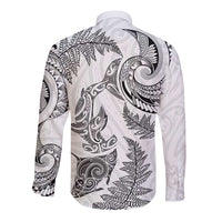 New Zealand Sea Animals with Maori Tribal Tattoo Long Sleeve Button Shirt Shark Manta Ray with Silver Fern White