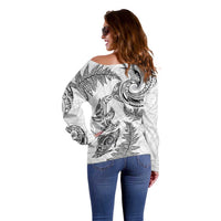 New Zealand Sea Animals with Maori Tribal Tattoo Off Shoulder Sweater Shark Manta Ray with Silver Fern White
