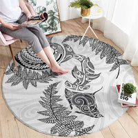 New Zealand Sea Animals with Maori Tribal Tattoo Round Carpet Shark Manta Ray with Silver Fern White
