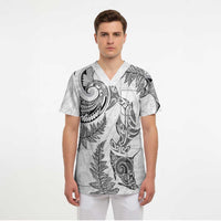 New Zealand Sea Animals with Maori Tribal Tattoo Scrub Top Shark Manta Ray with Silver Fern White