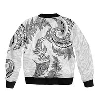 New Zealand Sea Animals with Maori Tribal Tattoo Sleeve Zip Bomber Jacket Shark Manta Ray with Silver Fern White