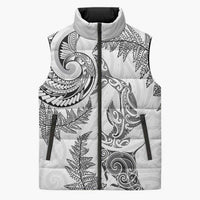 New Zealand Sea Animals with Maori Tribal Tattoo Sleeveless Puffer Jacket Shark Manta Ray with Silver Fern White