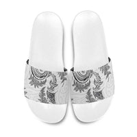 New Zealand Sea Animals with Maori Tribal Tattoo Slide Sandals Shark Manta Ray with Silver Fern White