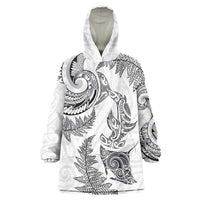 New Zealand Sea Animals with Maori Tribal Tattoo Wearable Blanket Hoodie Shark Manta Ray with Silver Fern White