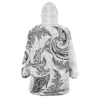 New Zealand Sea Animals with Maori Tribal Tattoo Wearable Blanket Hoodie Shark Manta Ray with Silver Fern White