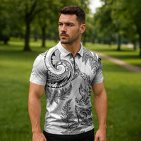 New Zealand Sea Animals with Maori Tribal Tattoo Zipper Polo Shirt Shark Manta Ray with Silver Fern White