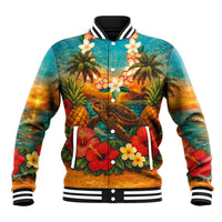Hawaiian Turtles on Beach Baseball Jacket with Pineapple Tropical Plant and Lei