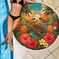 Hawaiian Turtles on Beach Beach Blanket with Pineapple Tropical Plant and Lei