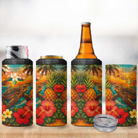 Hawaiian Turtles on Beach 4 in 1 Can Cooler Tumbler with Pineapple Tropical Plant and Lei