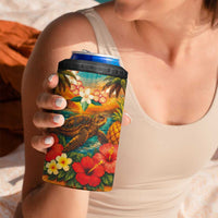 Hawaiian Turtles on Beach 4 in 1 Can Cooler Tumbler with Pineapple Tropical Plant and Lei