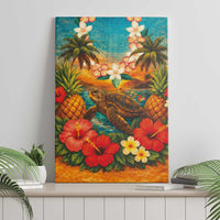 Hawaiian Turtles on Beach Canvas Wall Art with Pineapple Tropical Plant and Lei
