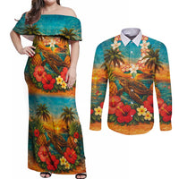Hawaiian Turtles on Beach Couples Matching Off Shoulder Maxi Dress and Long Sleeve Button Shirt with Pineapple Tropical Plant and Lei