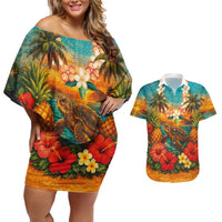 Hawaiian Turtles on Beach Couples Matching Off Shoulder Short Dress and Hawaiian Shirt with Pineapple Tropical Plant and Lei