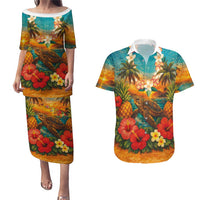 Hawaiian Turtles on Beach Couples Matching Puletasi and Hawaiian Shirt with Pineapple Tropical Plant and Lei