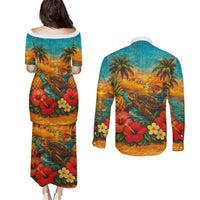 Hawaiian Turtles on Beach Couples Matching Puletasi and Long Sleeve Button Shirt with Pineapple Tropical Plant and Lei