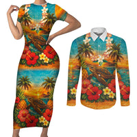 Hawaiian Turtles on Beach Couples Matching Short Sleeve Bodycon Dress and Long Sleeve Button Shirt with Pineapple Tropical Plant and Lei