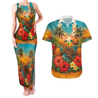 Hawaiian Turtles on Beach Couples Matching Tank Maxi Dress and Hawaiian Shirt with Pineapple Tropical Plant and Lei