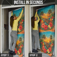 Hawaiian Turtles on Beach Door Cover with Pineapple Tropical Plant and Lei