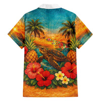 Hawaiian Turtles on Beach Family Matching Mermaid Dress and Hawaiian Shirt with Pineapple Tropical Plant and Lei