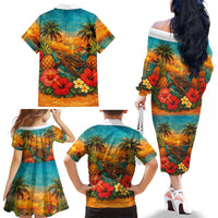 Hawaiian Turtles on Beach Family Matching Off The Shoulder Long Sleeve Dress and Hawaiian Shirt with Pineapple Tropical Plant and Lei