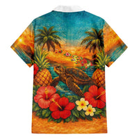 Hawaiian Turtles on Beach Family Matching Off Shoulder Maxi Dress and Hawaiian Shirt with Pineapple Tropical Plant and Lei